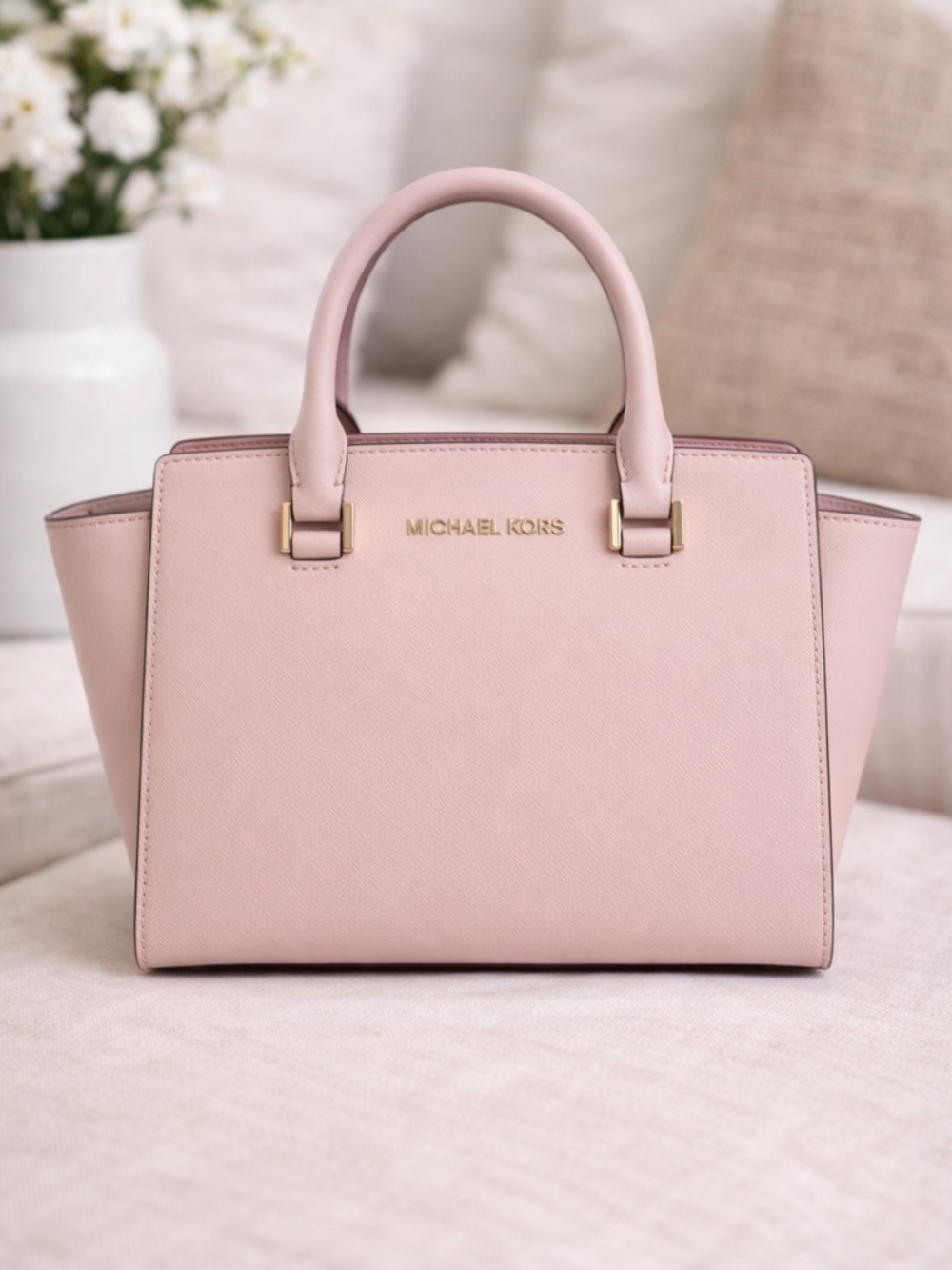 Michael Kors Pink Saffiano Leather Satchel Handbag Structured Tote